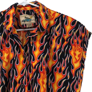 Cruizin Wear Sleeveless Button Down Shirt Size XL Made in USA. Flames Decal
